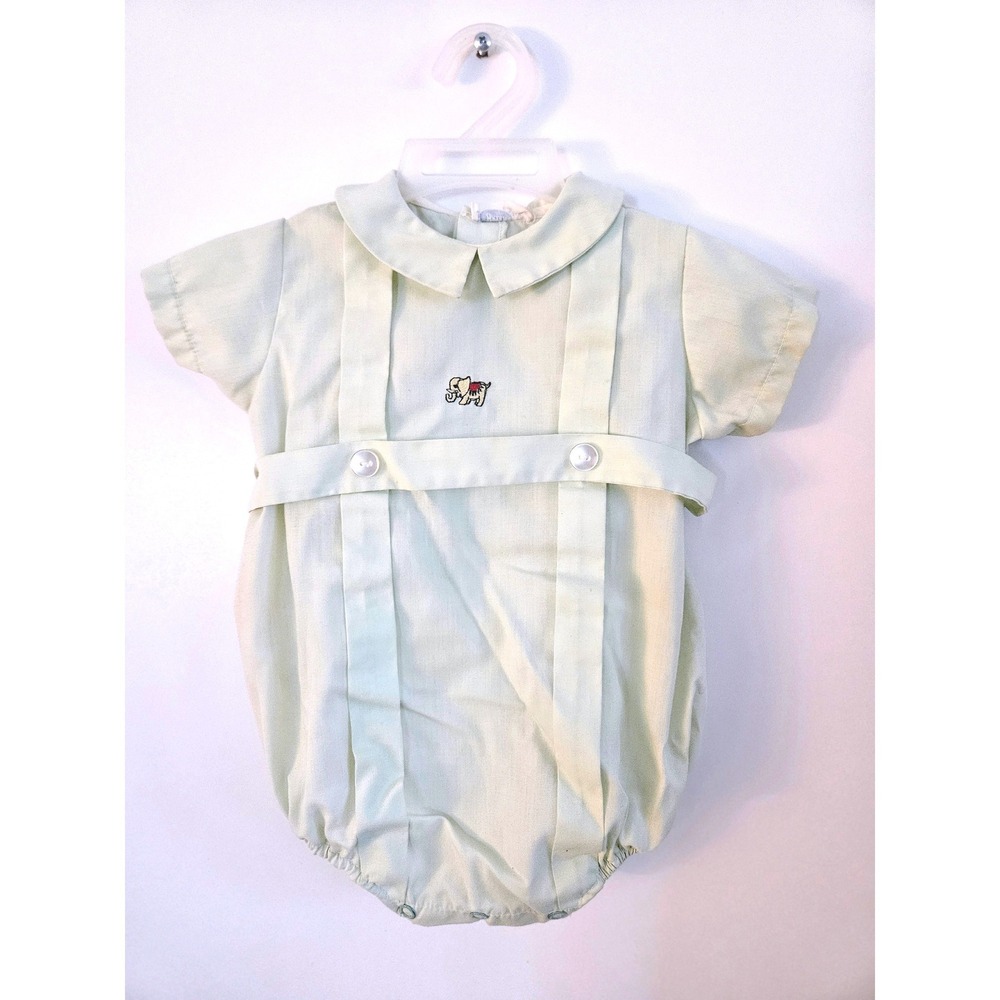 Bryan Romper Baby Boys 6-9M Mint Green‎ Excellent Vintage Elephant Embroidery